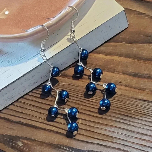 Handcrafted Blue Glass Pearl Long Zig Zag Geometric Dangle Earrings - Picture 1 of 8